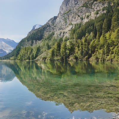 A body of water surrounded by mountains and trees