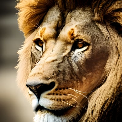 A close up of a lion's face with a blurry background