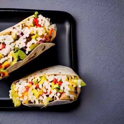 A black plate topped with two tacos filled with veggies