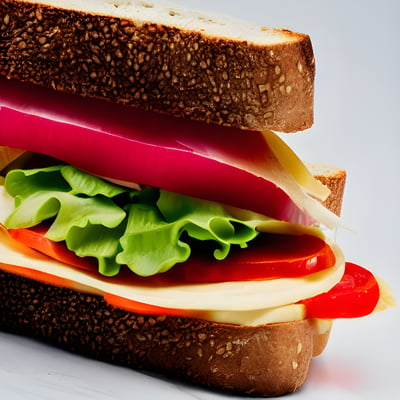 A sandwich with lettuce, tomato, and cheese