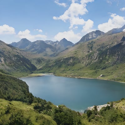 A large body of water surrounded by mountains