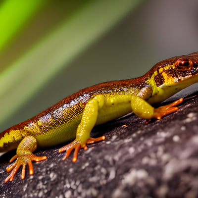 A yellow and brown lizard sitting on top of a rock