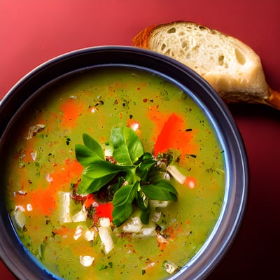 A bowl of soup with bread on the side