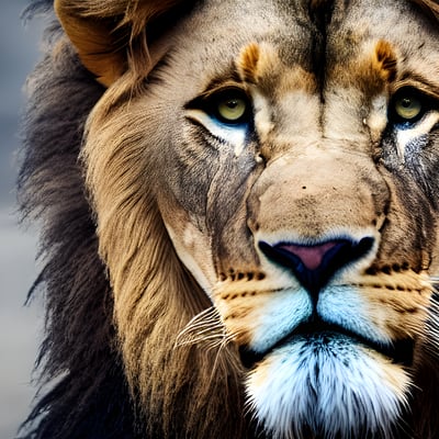 A close up of a lion's face with blue eyes