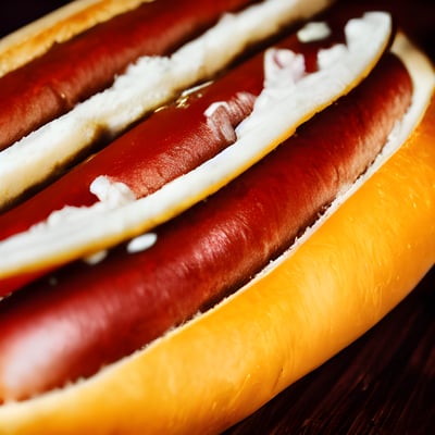 A close up of two hot dogs on a bun