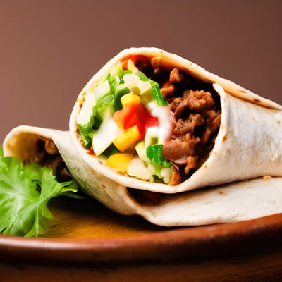 A burrito filled with meat and vegetables on a plate