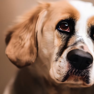 A close up of a dog's face with a blurry background