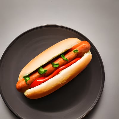 A hot dog with ketchup and mustard on a black plate