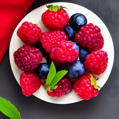 A white plate topped with raspberries and blueberries