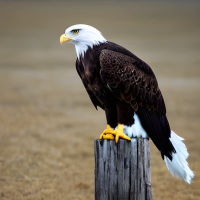 A bald eagle sitting on top of a wooden post