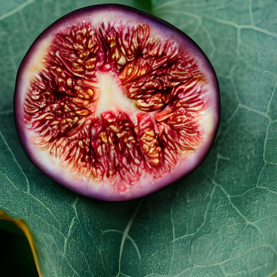 A cut in half fig sitting on top of a green leaf