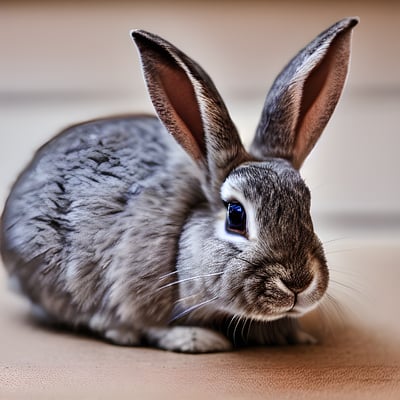 A gray rabbit sitting on top of a wooden floor
