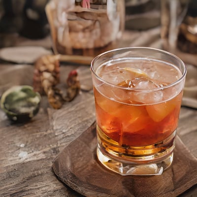 A close up of a drink on a wooden table