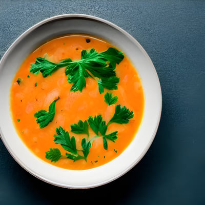 A bowl of carrot soup with parsley on top