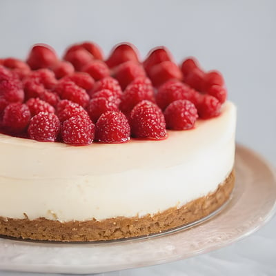 A cheesecake topped with raspberries on a plate