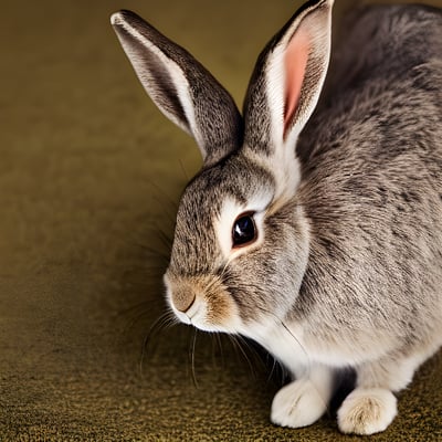 A gray rabbit sitting on top of a brown carpet