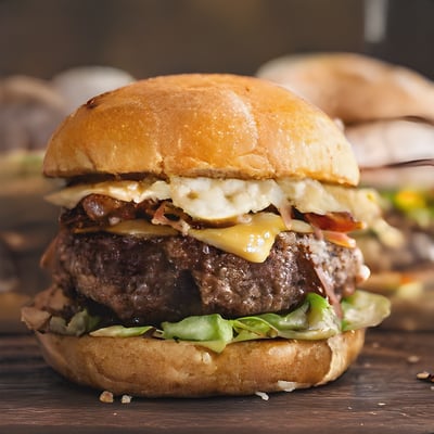 A hamburger with cheese and lettuce on a wooden table