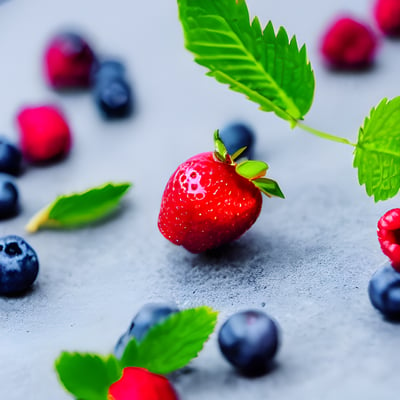 A close up of berries and leaves on a table