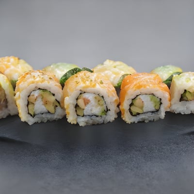 A close up of a plate of sushi