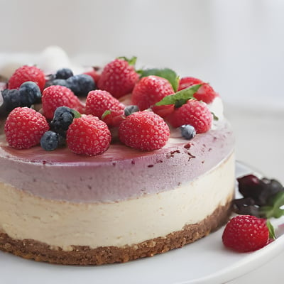 A cheesecake with berries and blueberries on a plate