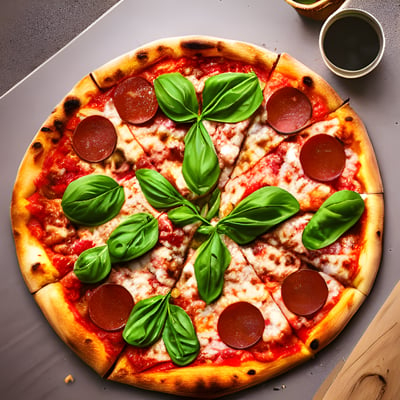 A pizza sitting on top of a table next to a cup of coffee