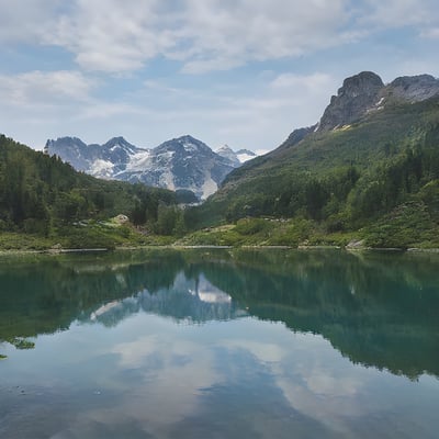 A body of water surrounded by mountains and trees