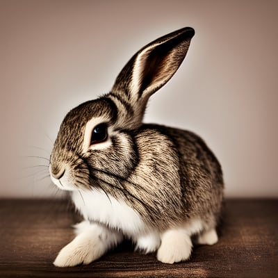 A brown and white rabbit sitting on top of a table