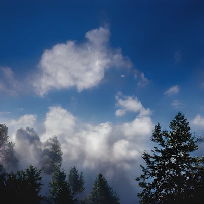 A group of trees with clouds in the background