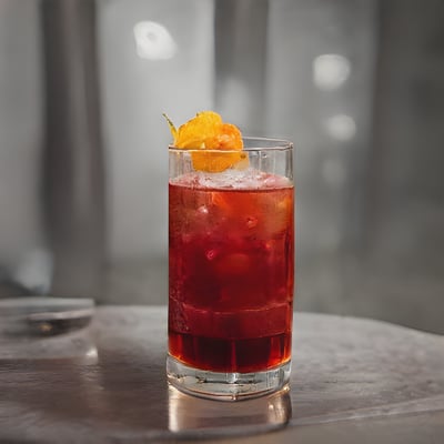 A red drink with an orange garnish in a glass