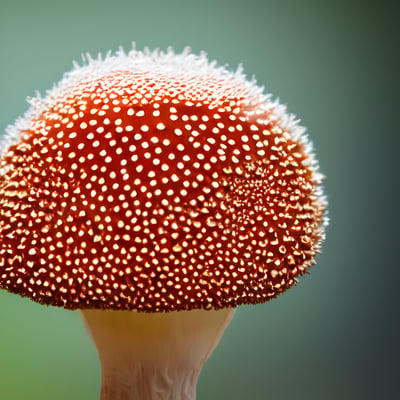 A close up of a red mushroom with white spots