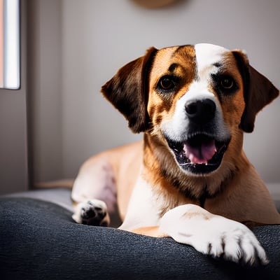 A brown and white dog laying on top of a couch