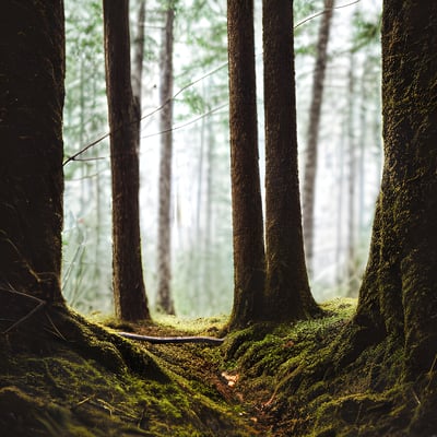 A path in the middle of a forest covered in moss