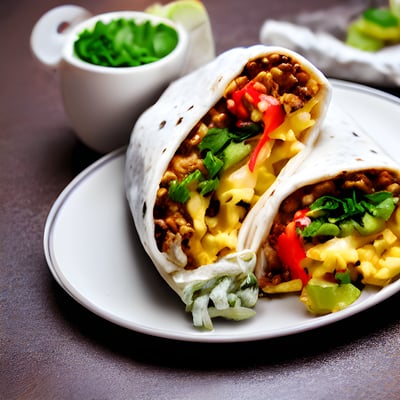 A burrito on a plate with a bowl of salsa in the background