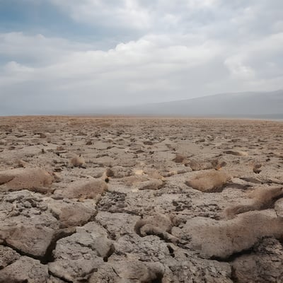 A barren area with rocks under a cloudy sky