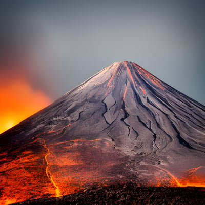 A tall volcano with a bright orange lava glow