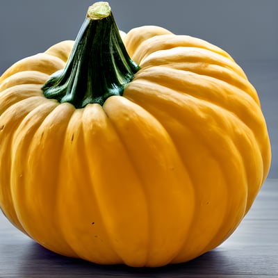 A yellow pumpkin sitting on top of a wooden table