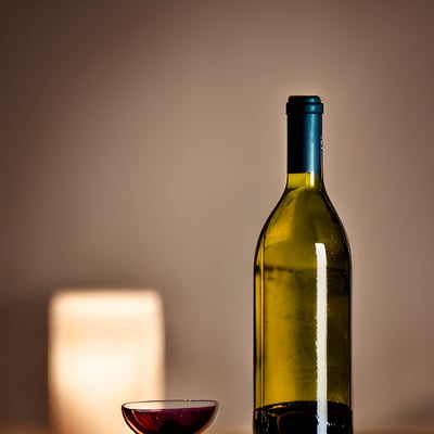 A bottle of wine next to a small bowl