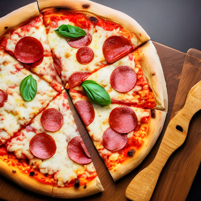 A pizza with pepperoni and basil on a cutting board