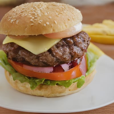 A hamburger with cheese and tomatoes on a plate