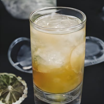 A close up of a drink in a glass on a table