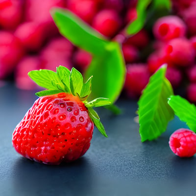 A close up of a strawberries and raspberries on a table