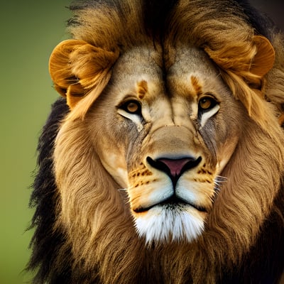 A close up of a lion's face with a green background