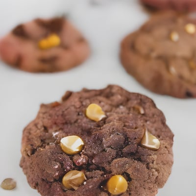 A close up of a chocolate cookie with nuts