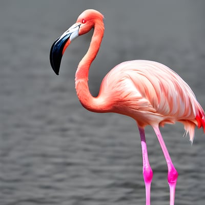 A pink flamingo standing on a body of water