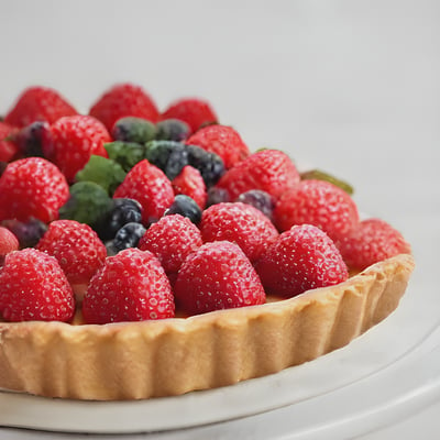 A fruit tart with berries, raspberries, blueberries, and mint