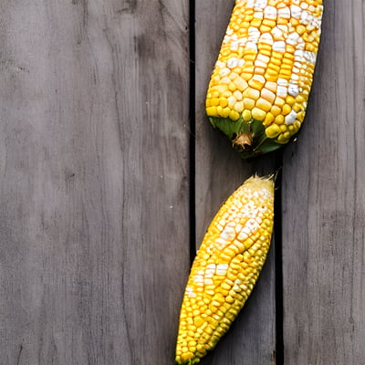 Two ears of corn on a wooden surface