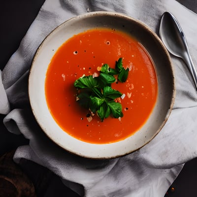 A bowl of tomato soup with a spoon and napkin