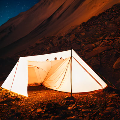 A white tent sitting on top of a rocky hillside