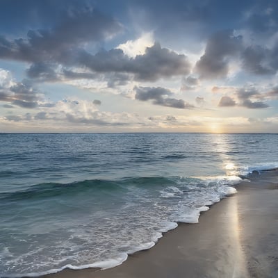 The sun is setting over the ocean on the beach