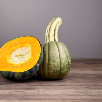 A couple of gourds sitting on top of a wooden table